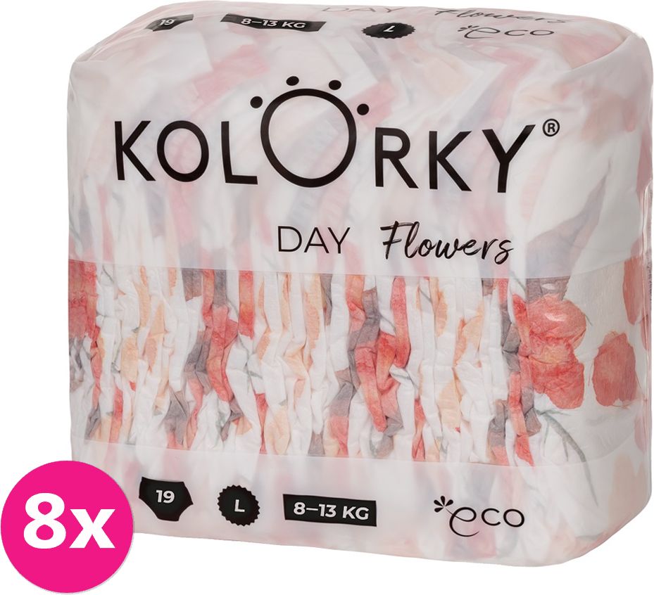 KOLORKY DAY - květy - L (8-13 kg) - 152 ks MĚSÍČNÍ ZÁSOBA - jednorázové eko plenky - obrázek 1