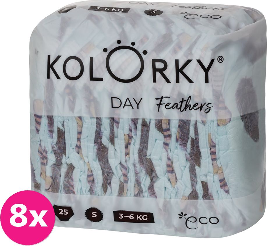 KOLORKY DAY - peří - S (3-6 kg) - 200 ks MĚSÍČNÍ ZÁSOBA - jednorázové eko plenky - obrázek 1