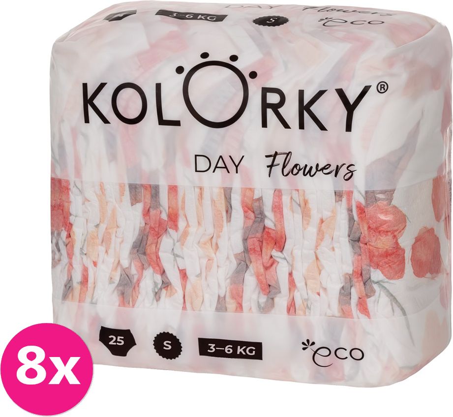 KOLORKY DAY - květy - S (3-6 kg) - 200 ks MĚSÍČNÍ ZÁSOBA - jednorázové eko plenky - obrázek 1