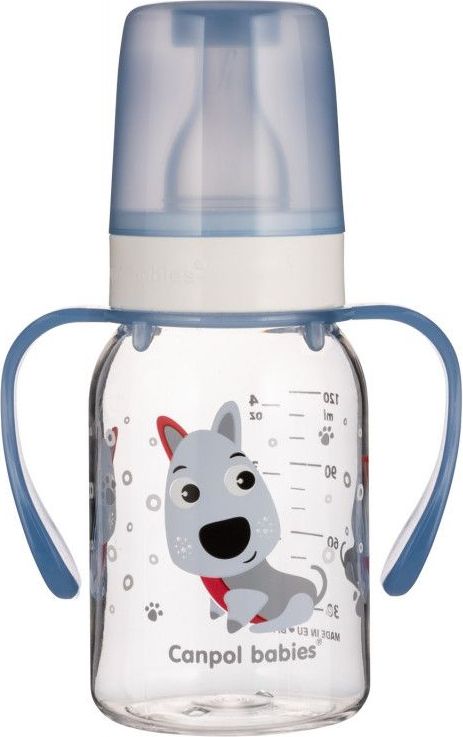 Canpol Animals láhev s potiskem 120 ml s úchyty bez BPA Modrá - obrázek 1