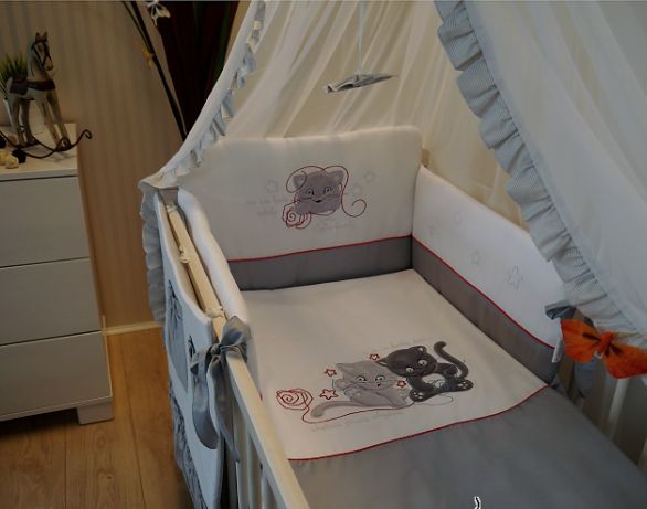 Povlečení bavlněný satén šedobílá Baby´s Zone Kočíčka - obrázek 1