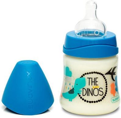 Láhev 150ml kulatá savička silikon Suavinex MODRÝ DINO - obrázek 1