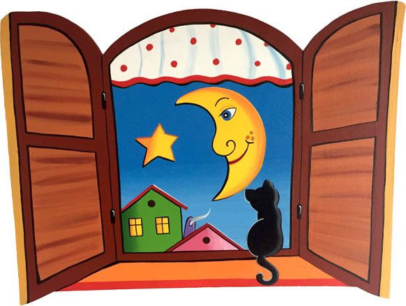 Dětská dřevěná dekorace Okénko Noc na zeď - obrázek 1