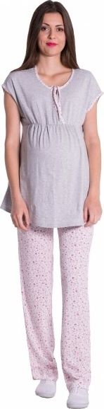 Be MaaMaa Těhotenské,kojící pyžamo květinky - šedá/růžová, vel. S - obrázek 1