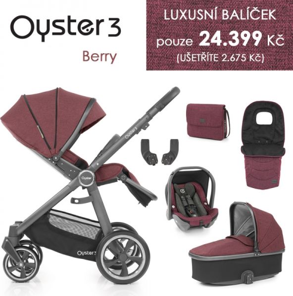 Oyster 3 Luxusní set 6 v 1 BERRY (CITY GREY rám) kočár + hl.korba + autosedačka + adaptéry + fusak + taška - obrázek 1