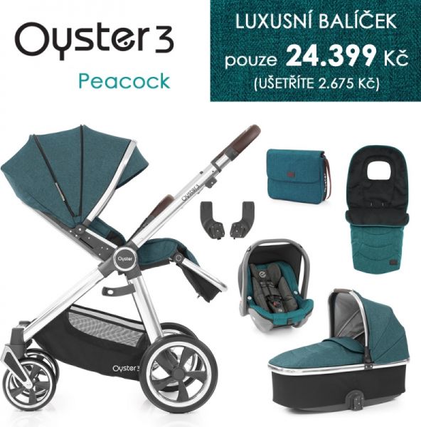 Oyster 3 Luxusní set 6 v 1 PEACOCK (MIRROR rám) kočár + hl.korba + autosedačka + adaptéry + fusak + taška - obrázek 1