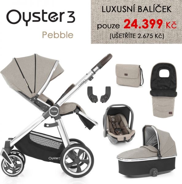 Oyster 3 Luxusní set 6 v 1 PEBBLE (MIRROR rám) kočár + hl.korba + autosedačka + adaptéry + fusak + taška - obrázek 1