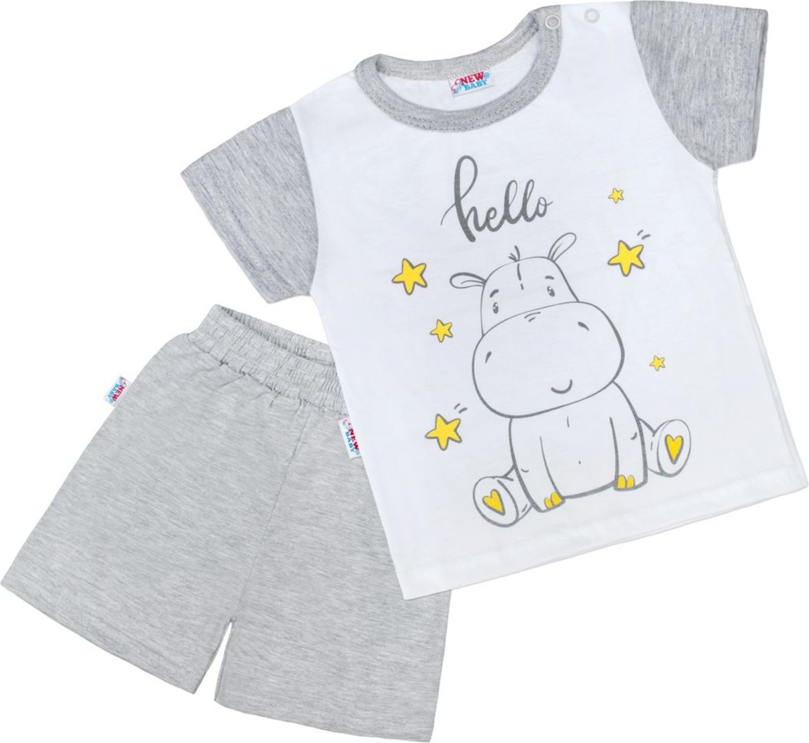 Dětské letní pyžamko New Baby Hello s hrošíkem bílo-šedé - Dětské letní pyžamko New Baby Hello s hrošíkem bílo-šedé - obrázek 1