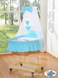 Koš proutěný s NEBESY a výbavou - TŘI SOVY tyrkysový puntík - My Sweet Baby barevné provedení bílá - obrázek 1