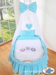 Koš proutěný s NEBESY a výbavou - TŘI SOVY tyrkysový puntík - My Sweet Baby barevné provedení bílá - obrázek 3