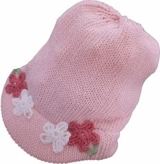 Čepice dětská přízová s kšiltem - KVĚTINY růžová - vel.50-52cm - obrázek 1