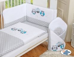 Souprava do postýlky 3-díl - TŘI SOVY šedý puntík s tyrkysovou - 135x100cm - obrázek 1
