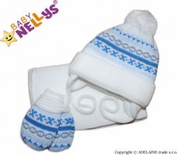 Čepice zimní se šálou a rukavicemi - PLETENINA VZOR bílo-modrá - vel.4-6měs. - obrázek 1