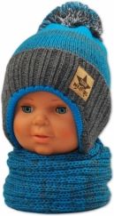 Čepice dětská pletená s komínkovou šálou - BAMBULE modro-šedá - vel. 2-3roky - obrázek 1