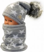 Čepice dětská pletená s komínkovou šálou - HVĚZDIČKY bílé na šedém - vel. 3-6let - obrázek 1