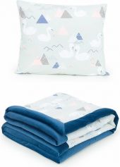Sada 2-dílná LUX - dětská deka a polštářek - LABUTĚ na šedém s tmavě modrou - obrázek 1