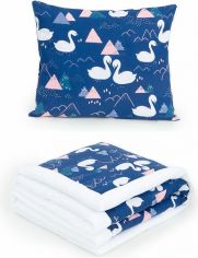 Sada 2-dílná LUX - dětská deka a polštářek - LABUTĚ na tmavě modrém s bílou - obrázek 1
