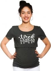 Těhotenské i kojící tričko krátký rukáv - TIRED MAMA grafitové - Be MaaMaa    velikost XS (32-34) - obrázek 1