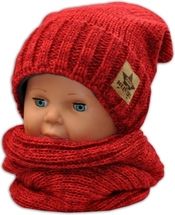 Čepice dětská pletená s komínkem - VZOROVANÝ LEM červený melír - 5let a více - obrázek 1