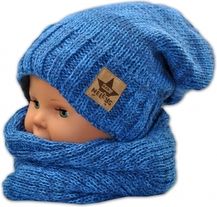 Čepice dětská pletená s komínkem - VZOROVANÝ LEM modrý melír - 5let a více - obrázek 1
