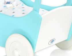 Kočárek pro panenky dřevěný - MILA modrý/hvězdičky modré a šedé - obrázek 2