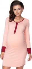 Těhotenská/Kojící noční košile dlouhý rukáv - BAREVNÉ LEMOVÁNÍ pudrová - BeMaaMaa velikost L/XL - obrázek 1