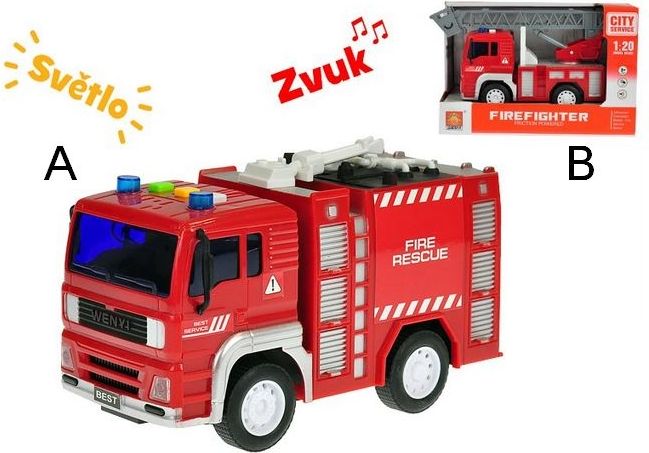 Auto hasičské 18cm 1:20 na setrvačník na baterie se světlem a zvukem 2druhy v krabičce - obrázek 1