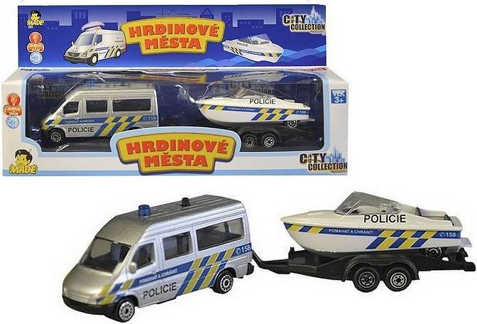 Auto policejní s přívěsem a lodí, světlo + zvuk, volná kola CITY COLLECTION - obrázek 1