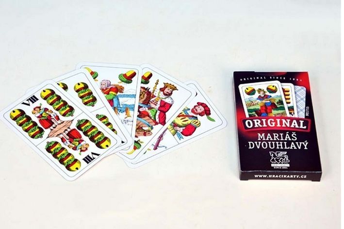 Mariáš dvouhlavý společenská hra karty v papírové krabičce 6x11cm - obrázek 1
