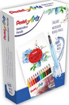 Pentel Kreativní sada Arts akvarel akvarelové pastelky 12 ks + vodní štetec Aquash + blok - obrázek 1