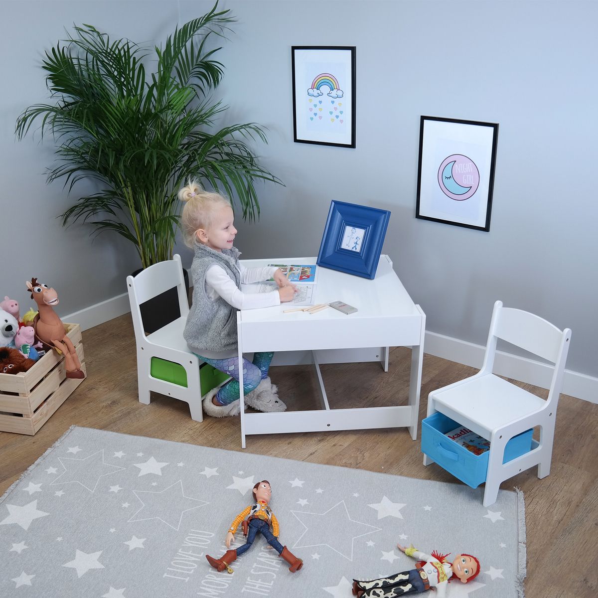 Ourbaby dětský stůl s židlemi s modrým a zeleným boxem - obrázek 1