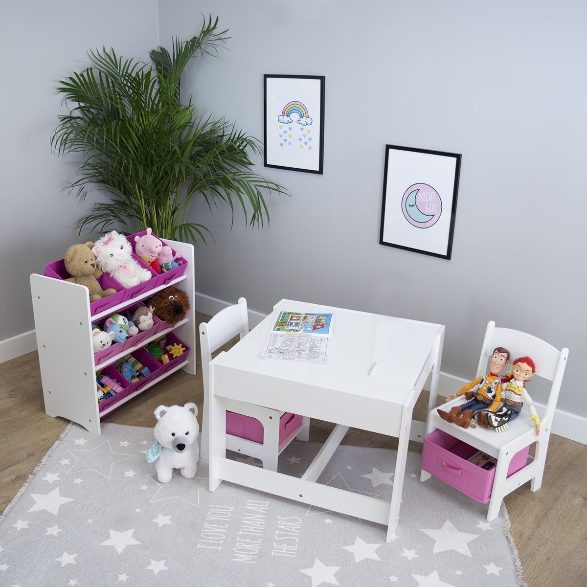 Ourbaby dětský stůl s židlemi s růžovými boxy - obrázek 1