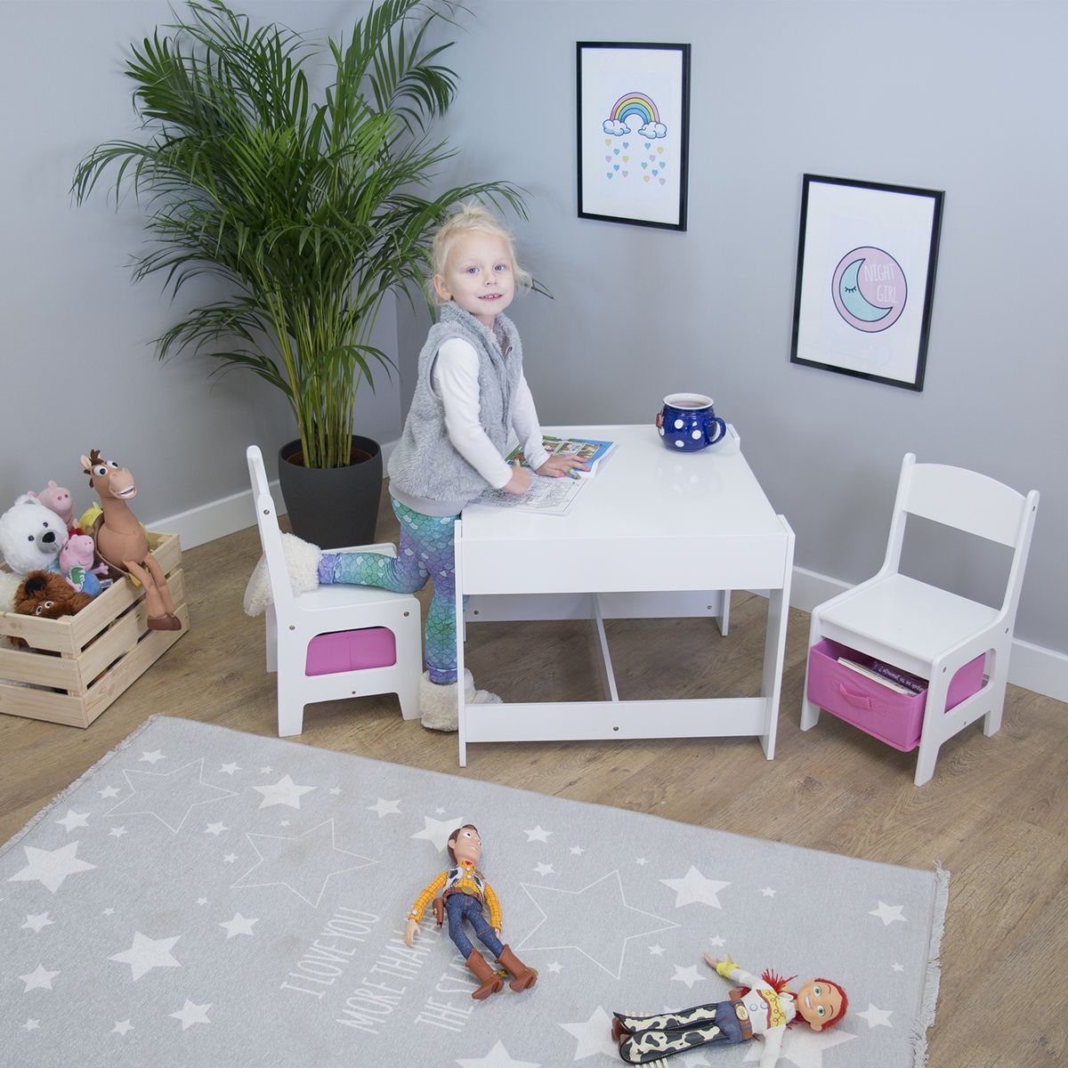 Ourbaby dětský stůl s židlemi s růžovými boxy - obrázek 2