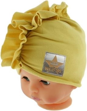 Baby Nellys Jarní/podzimní bavlněná čepice - turban, hořčicová - 44/48 čepičky obvod - obrázek 1