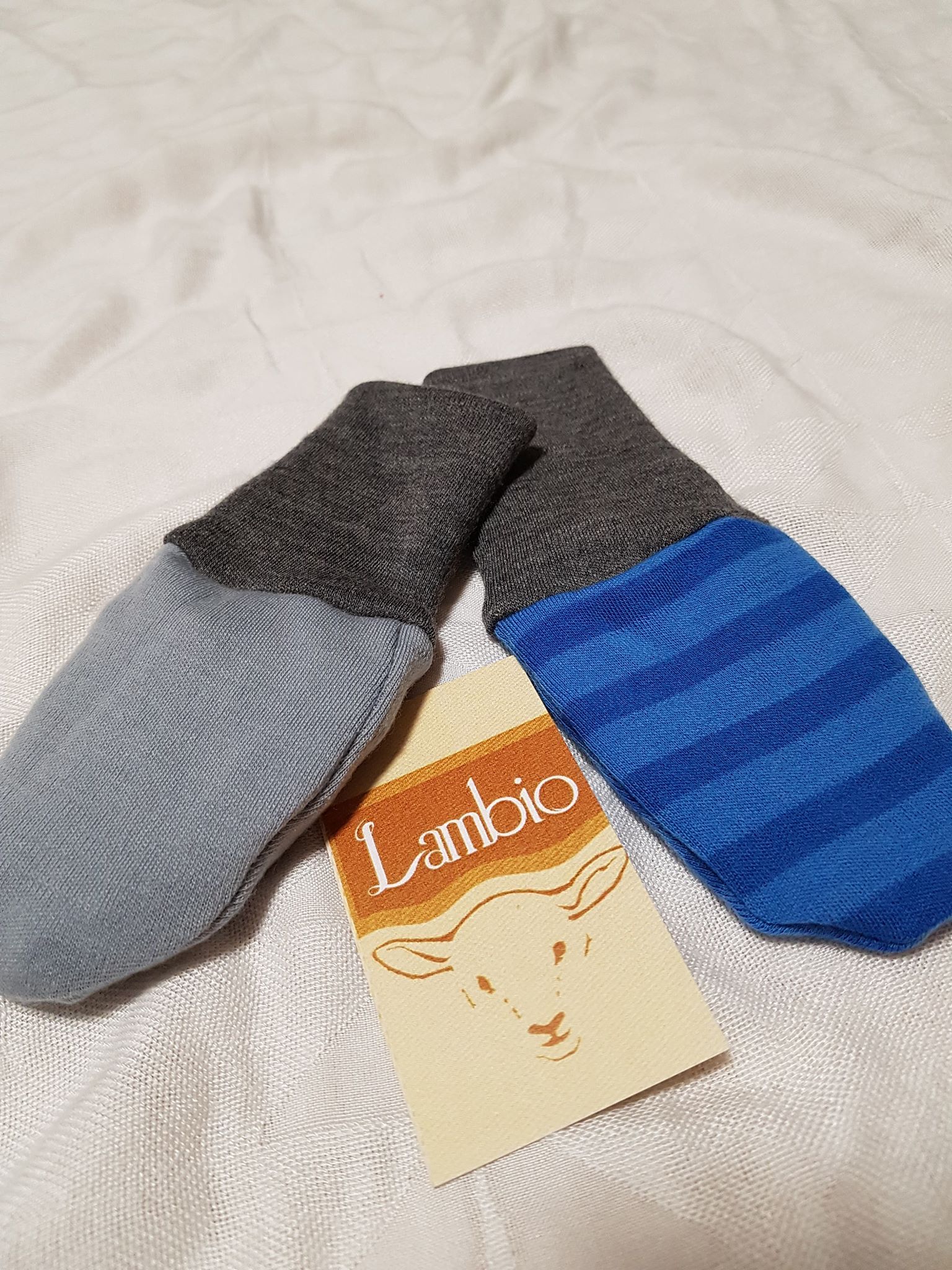 Merino rukavičky, oboustranné - šedé/modrý pruh - obrázek 1
