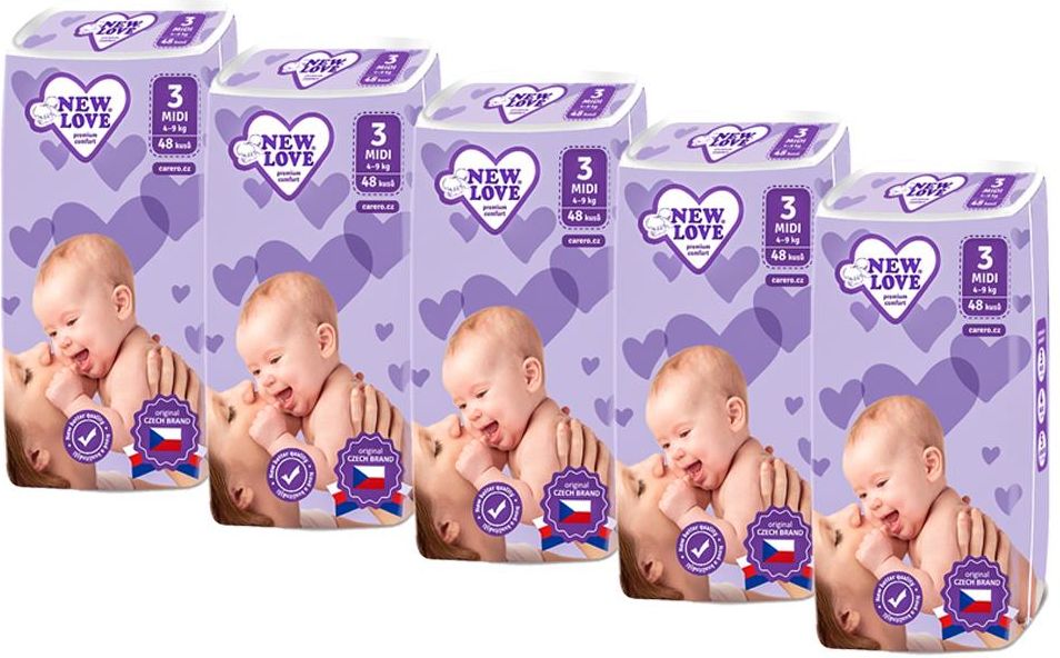 NEW LOVE MEGAPACK Dětské jednorázové pleny New Love Premium comfort 3 MIDI 4-9 kg 5x48 ks - obrázek 1
