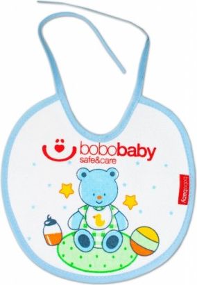 Nepromokavý froté bryndáček BOBO BABY - medvídek, modrý lem - obrázek 1