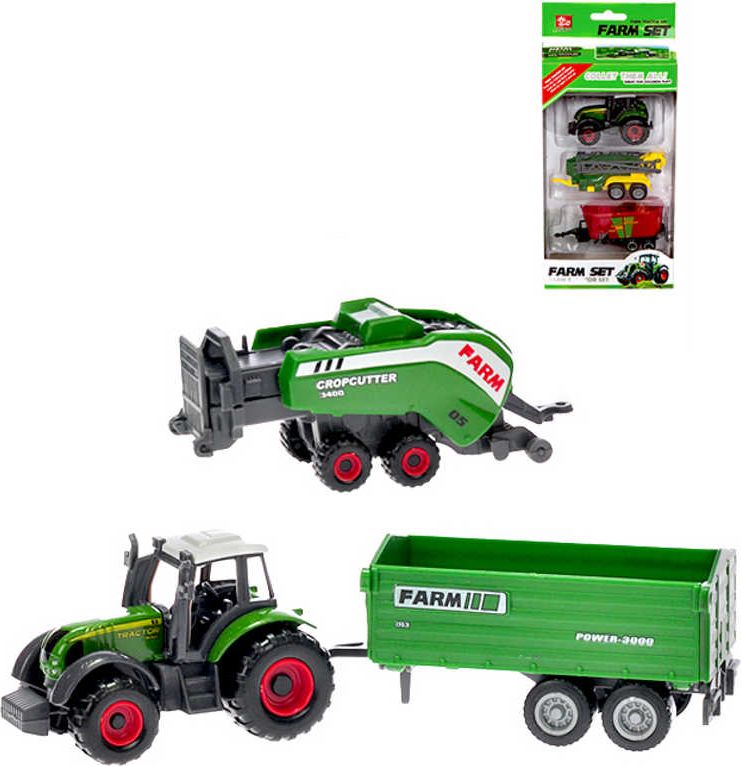 Set traktor kovový model 8cm + 2 vlečky 2 druhy volný chod v krabičce - obrázek 1
