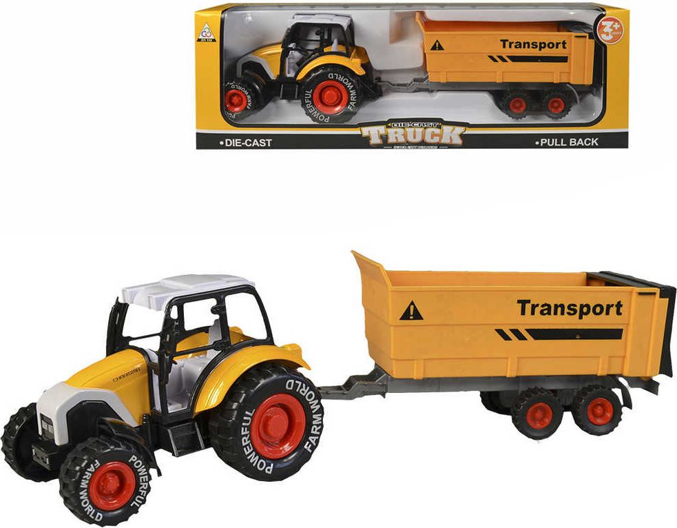 Traktor set s vlečkou kovový 35cm zpětný chod oranžový v krabici - obrázek 1