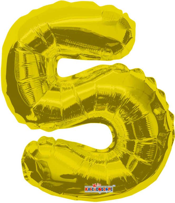 Party balonek nafukovací 35cm Číslice 5 zlatý malý foliový plnění vzduchem - obrázek 1