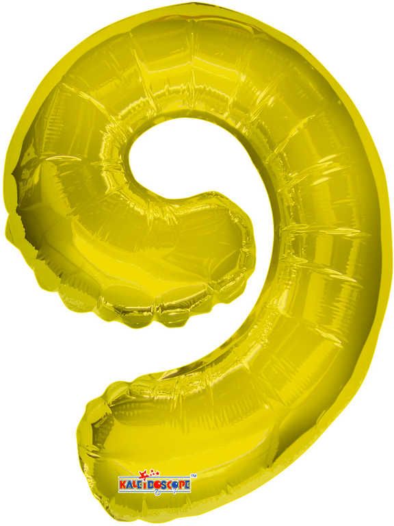 Party balonek nafukovací 35cm Číslice 9 zlatý malý foliový plnění vzduchem - obrázek 1