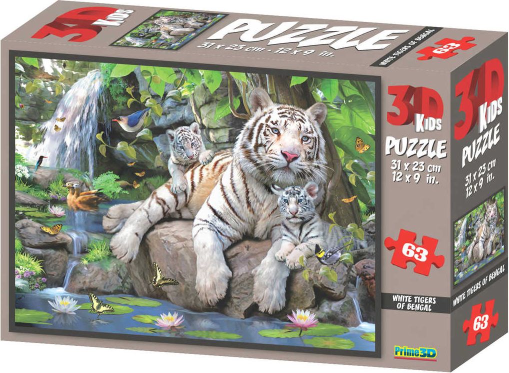 PUZZLE 3D Skládačka Bílí tygři 31x23cm set 63 dílků - obrázek 1
