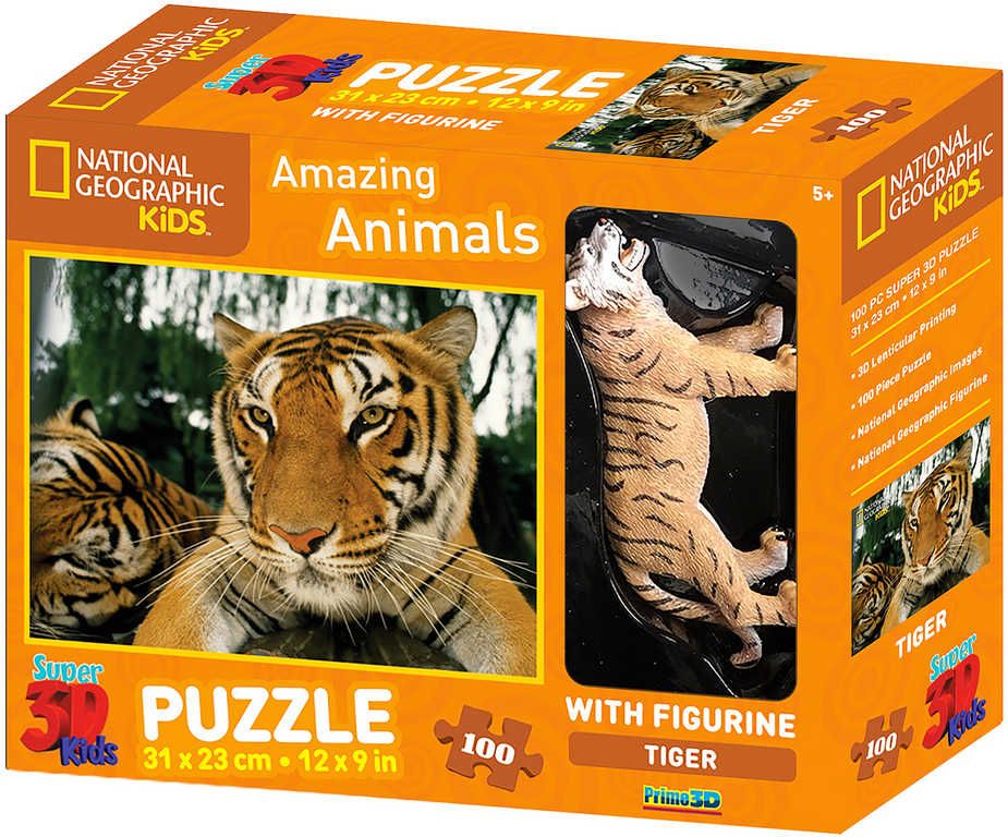 PUZZLE 3D Skládačka Tygr 31x23cm set 100 dílků s figurkou National Geographic - obrázek 1