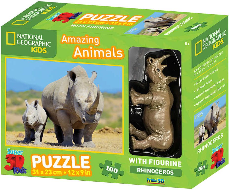 PUZZLE 3D Skládačka Nosorožec 31x23cm set 100 dílků s figurkou National Geographic - obrázek 1