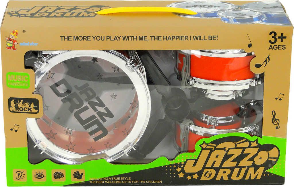 Dětská sada bicí 3 bubny s činely a stojanem plast v krabici - obrázek 1