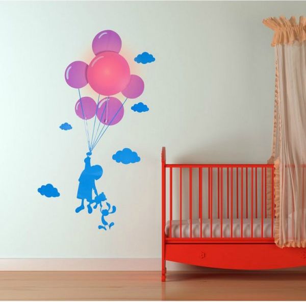 Samolepka a světlo na zeď - dítě s balonky - obrázek 1