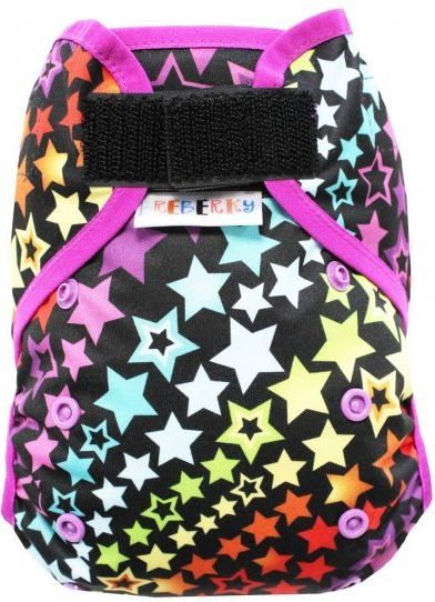 Breberky Svrchní kalhotky MINI XS bez křidélek - Hvězdná duha SZ , fialové patentky + fialová gumička - obrázek 1