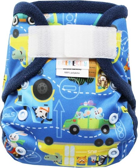 Breberky Svrchní kalhotky MINI XS bez křidélek - Zvířátka v dopravě SZ , sv.modré patentky + tm. modré lemování - obrázek 1