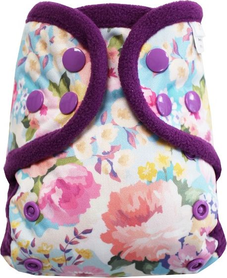 Breberky Svrchní kalhotky MINI XS bez křidélek - Rozkvetlá zahrádka PAT , fialové patentky + fialové lemování - obrázek 1
