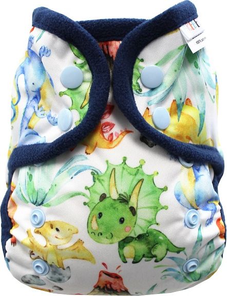 Breberky Svrchní kalhotky MINI bez křidélek - Dinosauříci PAT, sv.modré patentky + tm.modré lemování - obrázek 1